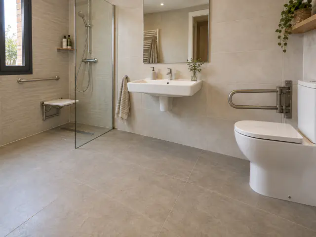 Baño adaptado con ducha sin barreras, asiento abatible y barras de apoyo