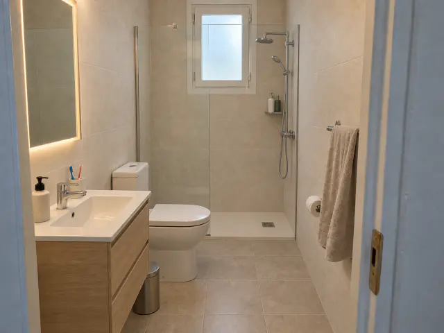 Después: el mismo baño con plato de ducha y mampara fija, mueble de lavabo de madera y azulejo claro