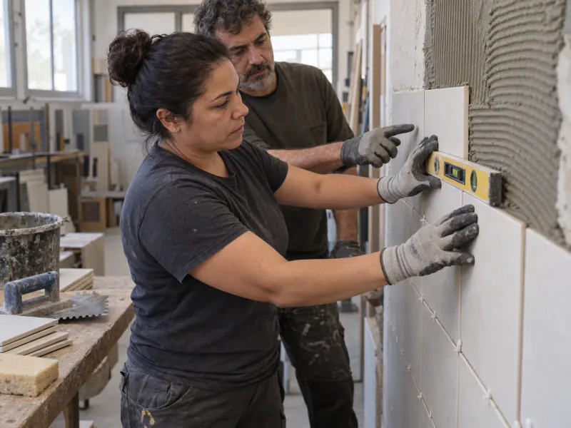 Profesional colocando azulejos con nivel, acompañado por un experto