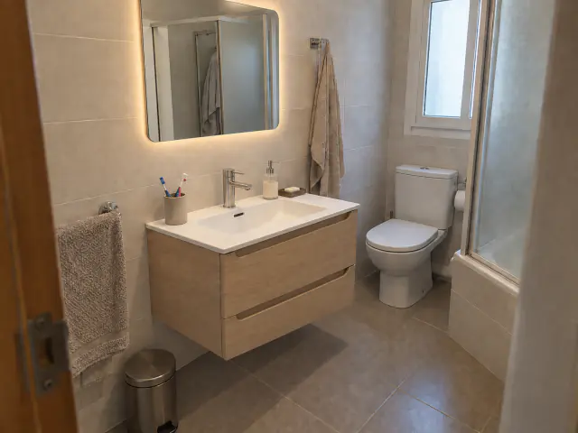 Después: el mismo baño con mueble suspendido de madera y espejo con luz LED, sin cambiar el alicatado